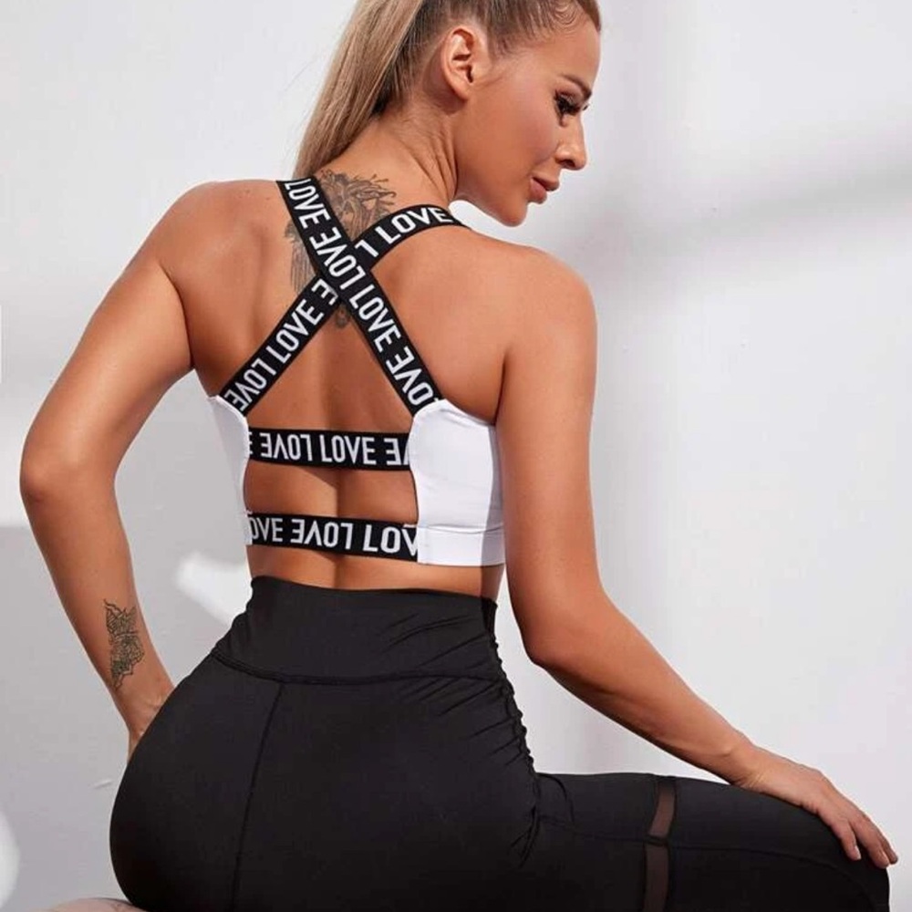 White Sports Bra with Black Love Straps